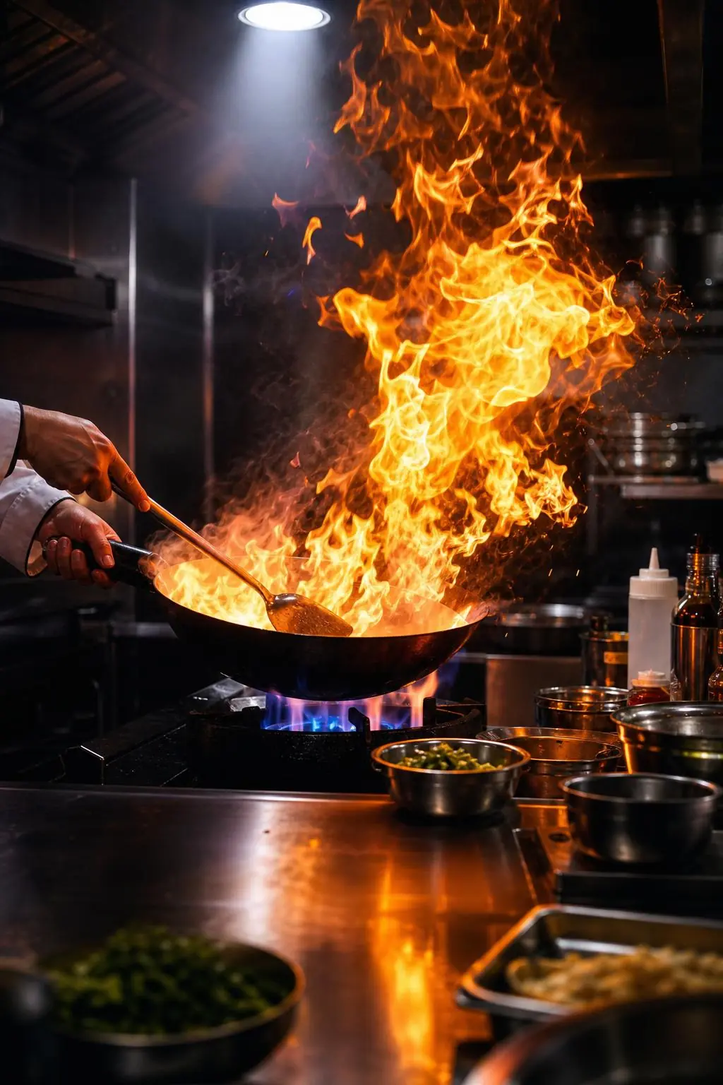Professional chef cooking with high flames on a commercial gas burner wok station, dramatic orange and blue firelight reflecting off stainless steel in a dark Michelin-star kitchen